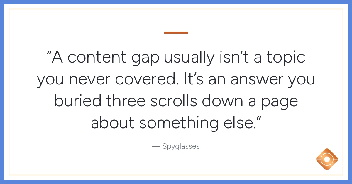 Pull quote: A content gap usually isn't a topic you never covered. It's an answer you buried three scrolls down a page about something else.
