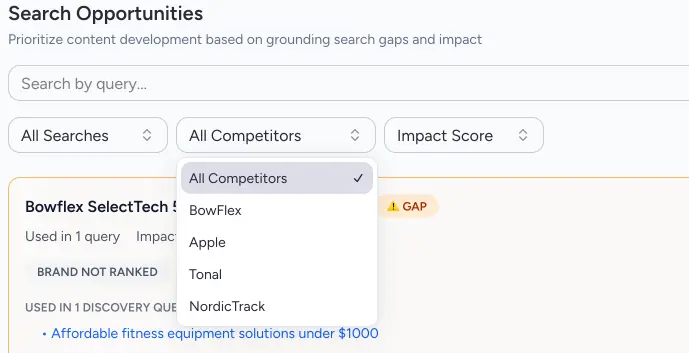 Screenshot of competitor filter