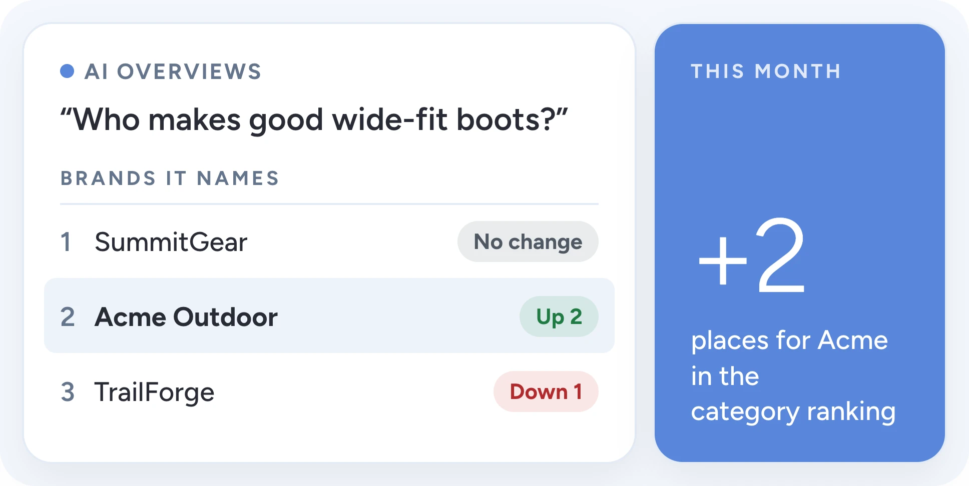 Brands Google AI Overviews names for 'Who makes good wide-fit boots?': 1 SummitGear (no change), 2 Acme Outdoor (up 2), 3 TrailForge (down 1). A side tile reads +2 places for Acme in the category ranking this month.