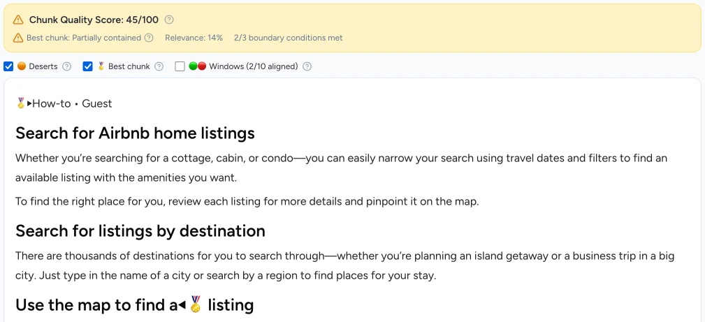 Citation readiness analysis showing token chunks and structural desert mapping