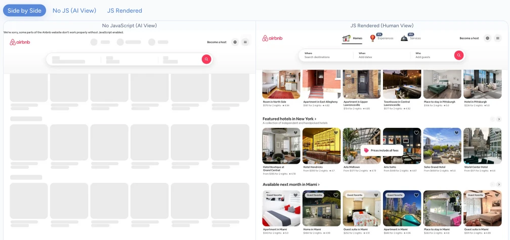 Static content ratio visualization showing side-by-side comparison of what AI crawlers see versus fully rendered content